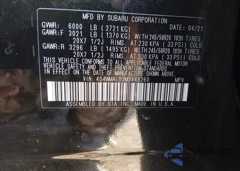 2021 Subaru Ascent Limited z USA, uszkodzony, nr VIN 4S4WMALD2M3448260